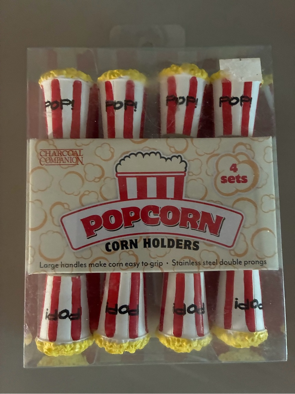 Popcorn corn holders set of 4 stainless steel double prongs NIB